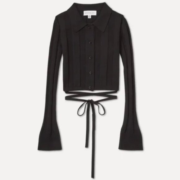 Something Navy Cropped Ribbed Button Up Sweater w/ Strappy Waist Tie in M/Medium - Picture 7 of 8